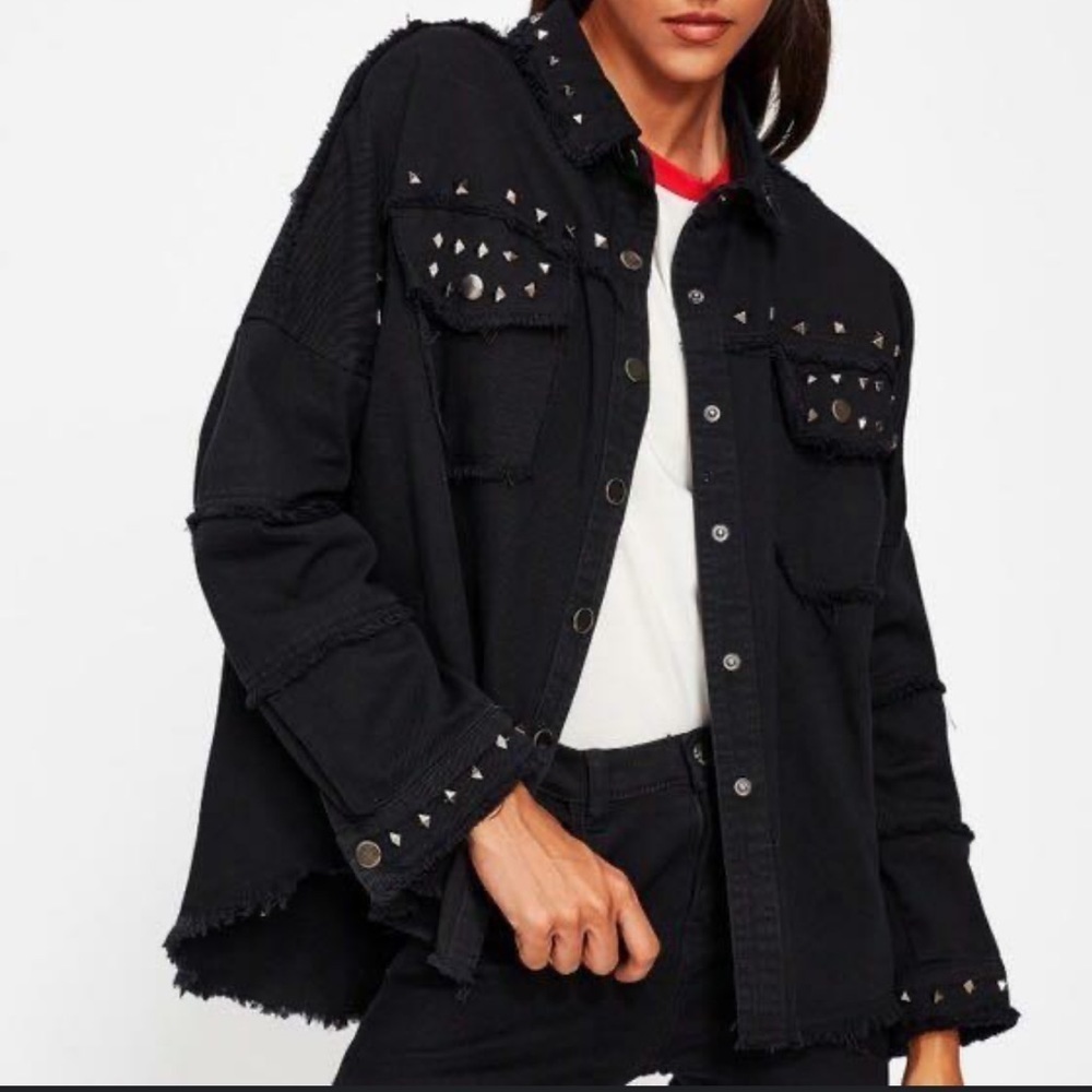 ZARA black Jean oversized  studded rah hem‎ moto Silver Studds Fringes Sz M